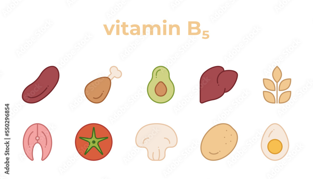 A set of line icons of products containing vitamin B5. Collection of vitamin B5, editable stroke