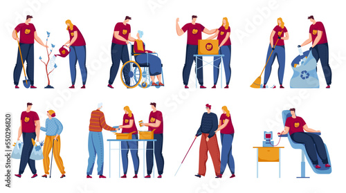 Volunteer work vector illustration. Flat man woman character care about elderly people, social assistance helping the elderly, donating blood, volunteering