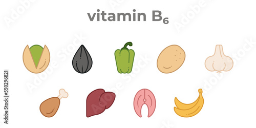 A set of line icons of products containing vitamin B6. Icons of seeds, garlic, liver, potatoes, etc, editable stroke