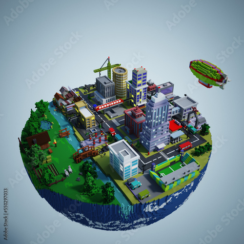 The earth with the atmosphere of the city and the village are contradictory. Illustration voxel art.