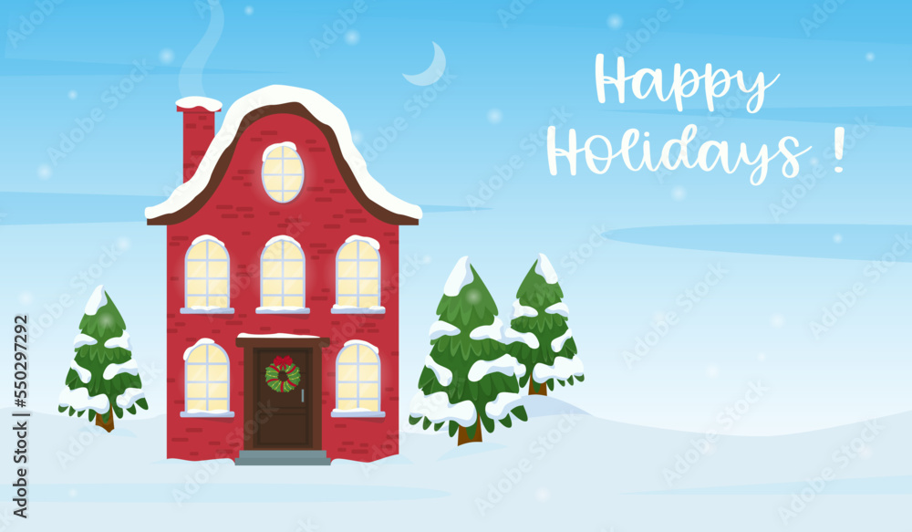 Winter snowy landscape with country house. Happy holidays. Flat cartoon style vector illustration.