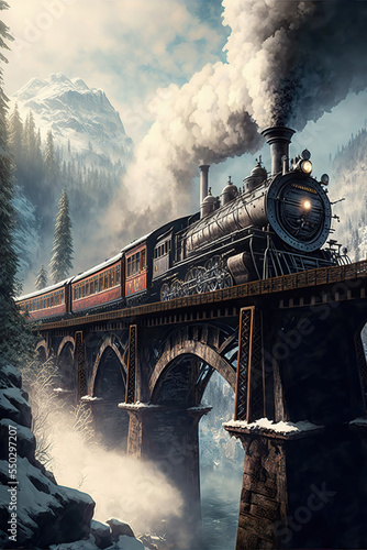 AI generated image of a vintage steam locomotive train passing over a wooden bridge in the mountains 