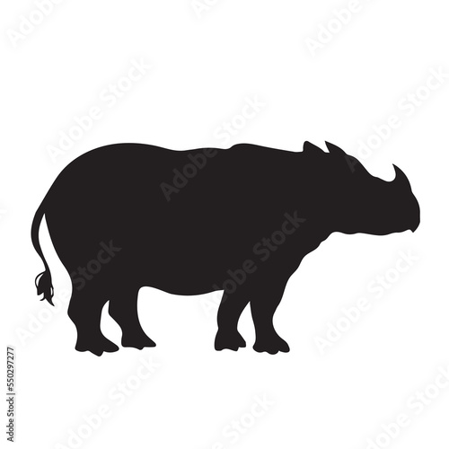 Badak jawa vector silhouette. Badak bercula satu kecil siluet. Rhino animal from side view with simple flat black color isolated on plain white background. photo