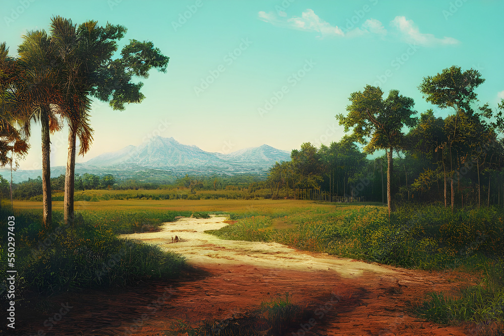 Fototapeta premium Swampy marshland. Palm trees. Tropical forest.