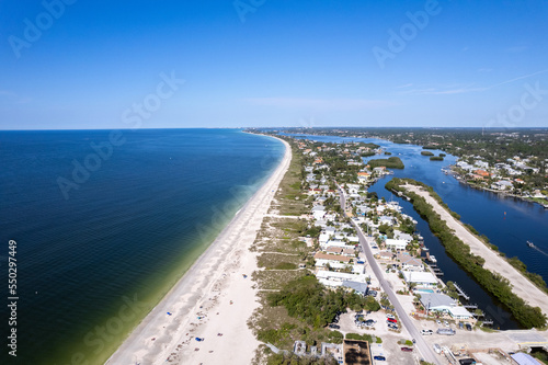Aerial Drone Nokomis Beach. Gulf of Mexico on Casey Key in Nokomis Florida, United States. Red tide water.