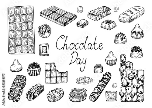 Chocolate day. Set chocolate sweets sketch. Candy, truffle, bar, tile. Delicious dessert. Chocolate with nuts, waffles. Candies sprinkles. Yummy. Cocoa product. Hand drawn vector doodle illustration.