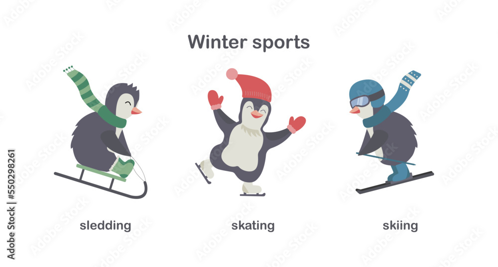 Three cute funny cartoon Christmas penguins skiing, sledding, skating. Flat Vector illustration with winter sports or Christmas leisure. Educational or greeting cards