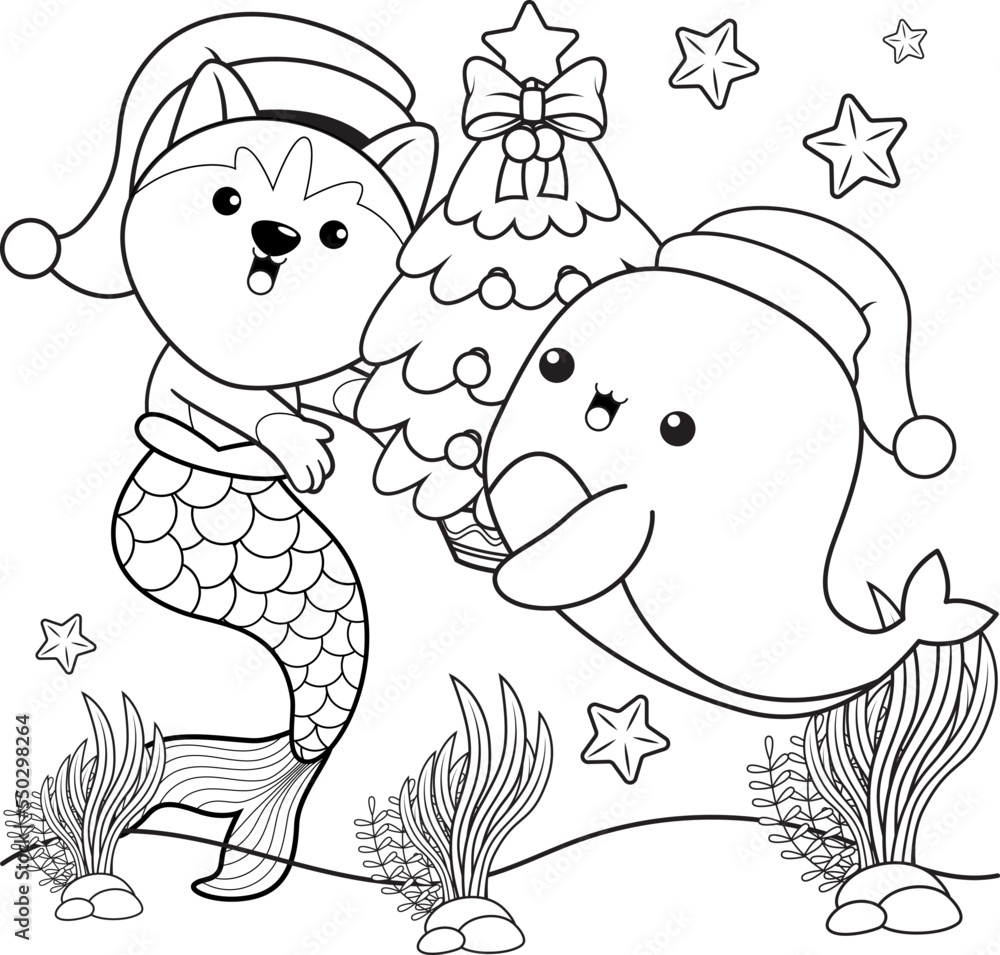 Obraz premium Christmas coloring book with cute husky mermaid