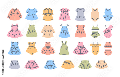 Baby girl dresses color fill line icons. Different dresses with long and short sleeves, sundresses, skirts and swimsuits for little girl. Simple linear pictograms of kids clothes. Little girl wardrobe