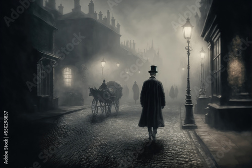 AI generated image of a Victorian era private detective walking through the streets of London on a moody evening 