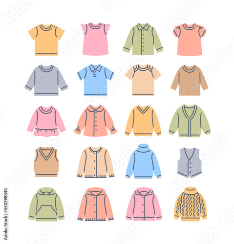 Baby cloth color fill line icons. Simple linear pictograms of kids clothing. Different shirts, sweaters, cardigans and vests. Outline children wardrobe garment. Outfit for toddler, little boy or girl
