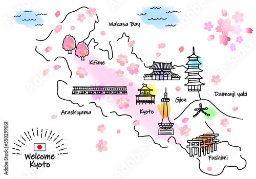 春の京都の観光地のシンプル線画イラストマップ（ピンク）