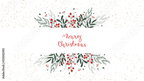 Horizontal Christmas white background with spruce branches, rowanberries, red berries. Vector