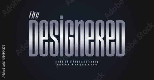 Metal font alphabet letters. Narrow logo typeface. Slim elegant type design. High sans serif letter set for logo, headline, title, monogram, lettering, and branding type. Isolated vector typeset
