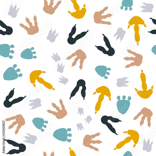 Funny seamless pattern with dinosaur footprints. Cute kids print. Vector hand drawn illustration.