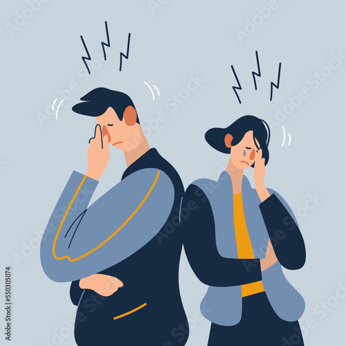 Breakup and relationship problems. Unhappy couple ignore talking after fight or misunderstanding. Stubborn man and woman avoid communication after quarrel. 