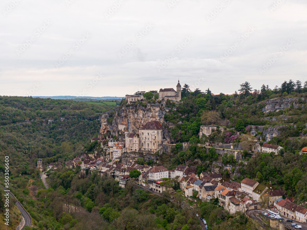 Aerial view of Beautiful village Rocamadour in Lot department, southwest France. Its Sanctuary of the Blessed Virgin Mary, has for centuries attracted pilgrims.
