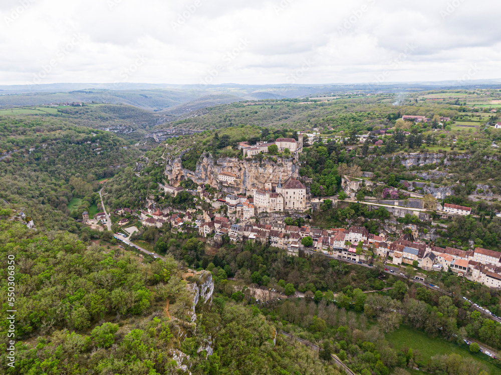 Fototapeta premium Aerial view of Beautiful village Rocamadour in Lot department, southwest France. Its Sanctuary of the Blessed Virgin Mary, has for centuries attracted pilgrims.