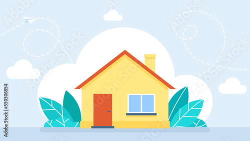 A yellow house with a red roof. Home on a white background. Clouds, sky, plants. Minimal house symbol. Real estate, mortgage, loan concept. Cartoon minimal style. Vector flat illustration
