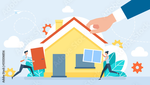 House building illustration. A man and a woman are building a home. Construction company. A yellow house with a red roof. Workers constructing home with tools and materials. Vector flat illustration