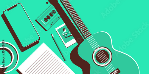 Guitar and other things on a mint green surface in a monochrome style