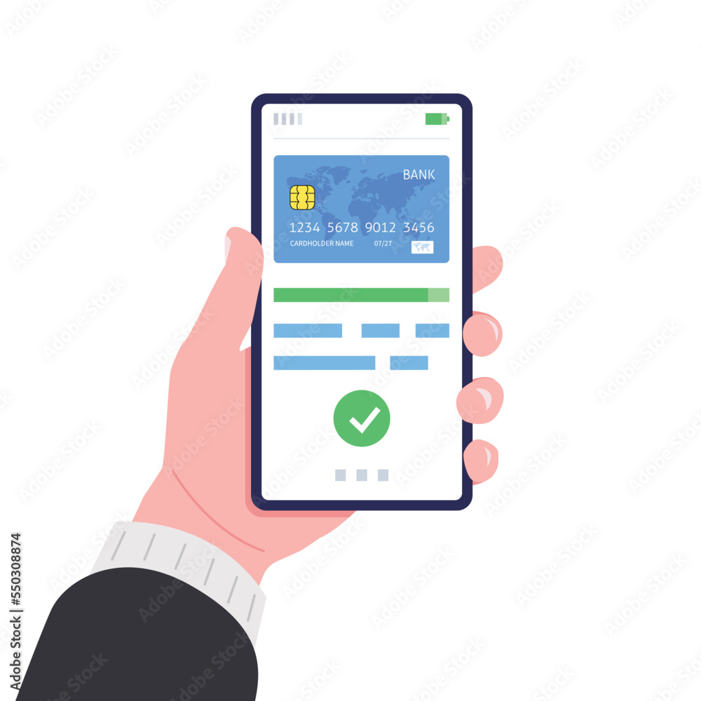 Money transaction, business, mobile banking and mobile payment. Male hand holding smartphone. Vector. Money transaction, business, mobile banking and mobile payment. Male hand holding smartphone. Vector.