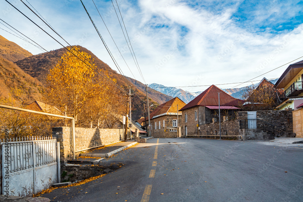 Street in Ilisu village at autumn season. Northern Azerbaijan Gakh