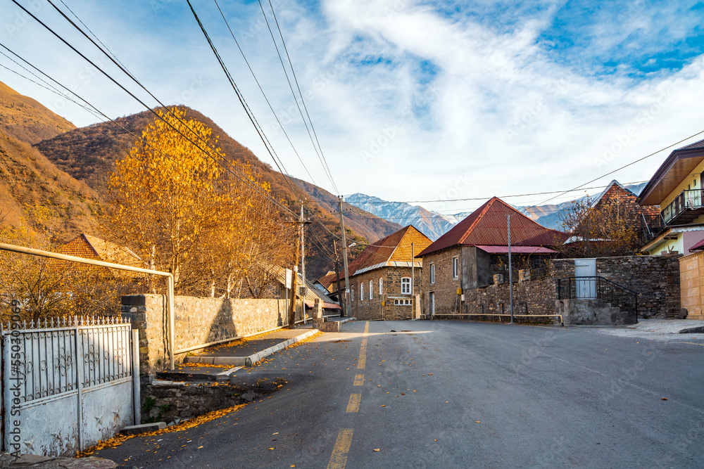 Street in Ilisu village at autumn season. Northern Azerbaijan Gakh Street in Ilisu village at autumn season. Northern Azerbaijan Gakh