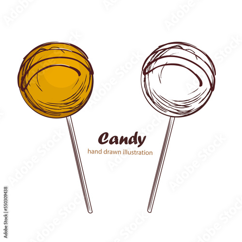 A set of candy on a stick. Sweet dessert for kids. Candy on a stick. Chocolate and yellow spiral ball. Background with dessert, sweets, menu design, restaurant, shop for textiles, interior, wallpaper