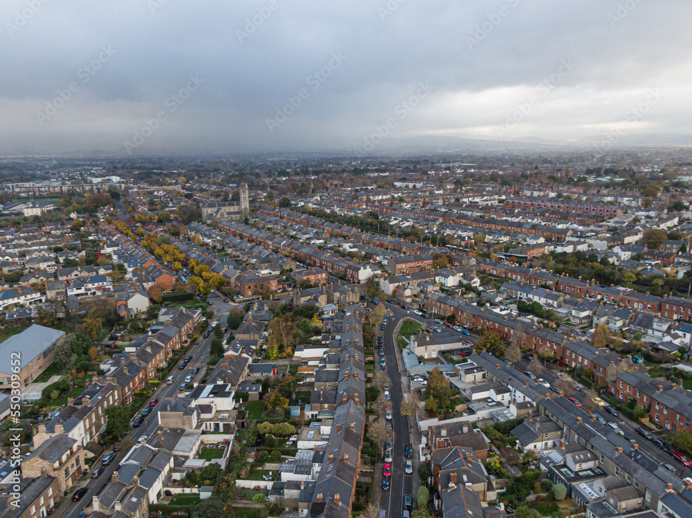 Street and house in the suburbs of Dublin, Ireland, Aerial view