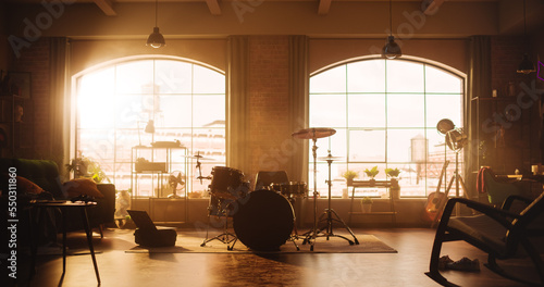Canvas Print Establishing Shot: Music Rehearsal Studio in Loft Room with Drum Set in the Middle