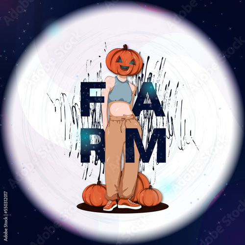 girl with a pumpkin instead of a head. farm lettering
