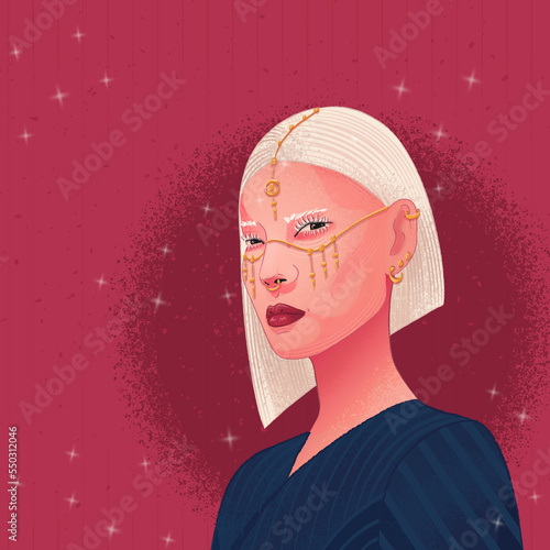blonde girl with jewelry on her face. abstraction