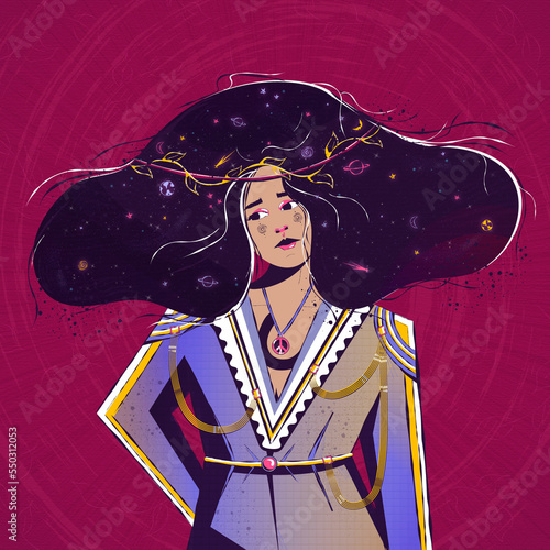 abstract image of a girl in a jacket and cosmic hair