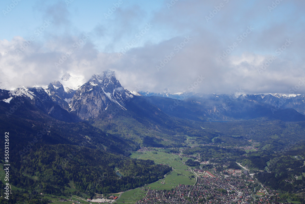View from Kramerspitz mountain to Garmisch-Partenkirchen, Upper Bavaria, Germany