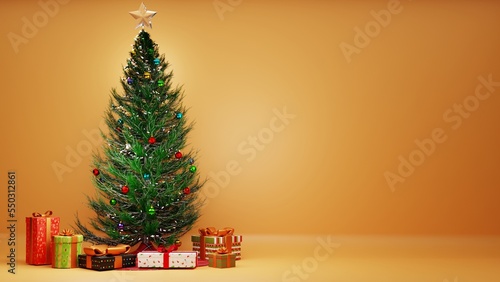 christmas tree with gifts on orange background