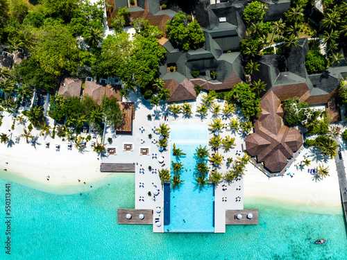 Fototapeta Naklejka Na Ścianę i Meble -  Aerial View, Maldives, North Malé Atoll, Indian Ocean, Lankanfushi, Paradise Island with Water Bungalows