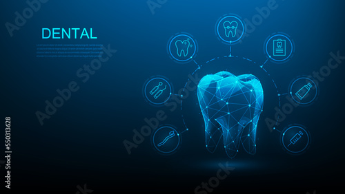 dental digital technology blue dark background.tooth wireframe with icon medical. innovation medical  root canal treatment. dental clinics and hospitals symbol. vector illustration fantastic low poly. photo