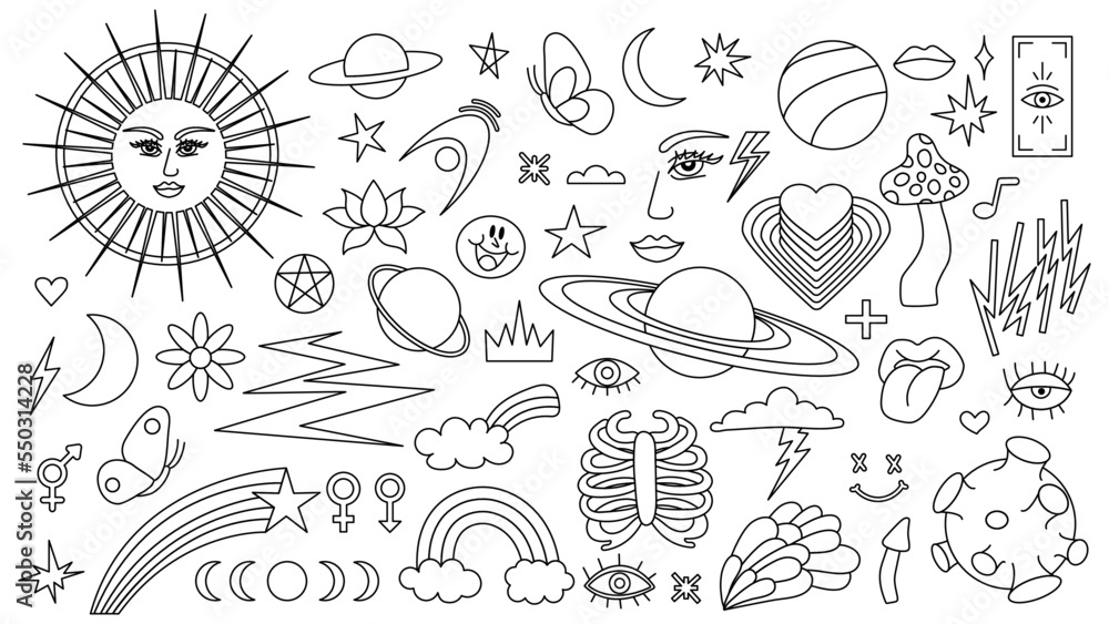 Magic background in retro style with hand drawn elements. Decorative mystical vector isolated pattern. editable stroke stickers. Esoteric element in minimalism. Collection of occult symbols tattoo art Magic background in retro style with hand drawn elements. Decorative mystical vector isolated pattern. editable stroke stickers. Esoteric element in minimalism. Collection of occult symbols tattoo art