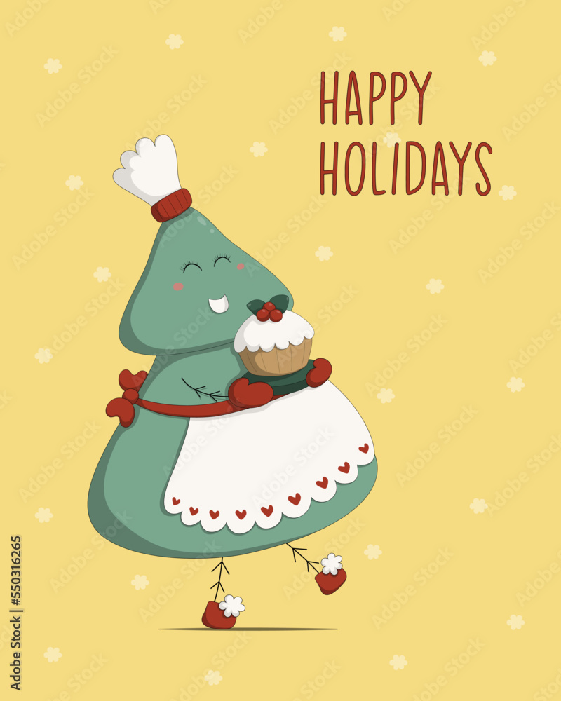 Happy Holidays greeting card with a cute Christmas tree dressed in an apron and a chef's hat and holding a baked Christmas pudding, Festive adventures, hand drawn cartoon illustration Happy Holidays greeting card with a cute Christmas tree dressed in an apron and a chef's hat and holding a baked Christmas pudding, Festive adventures, hand drawn cartoon illustration