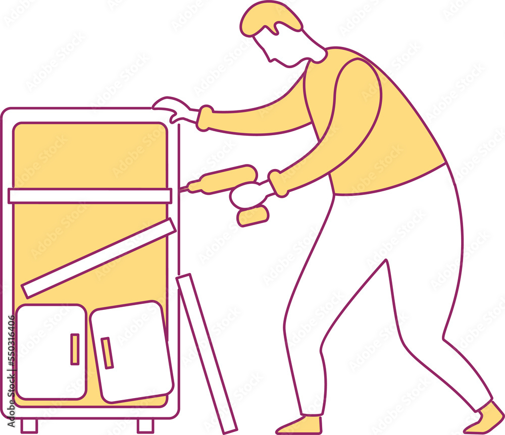 Man restoring broken bookcase semi flat color raster character. Fixing