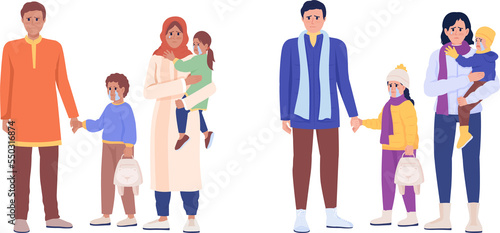 People with children waiting for evacuation semi flat color raster character set. Full body people on white. Simple cartoon style illustration collection for web graphic design and animation