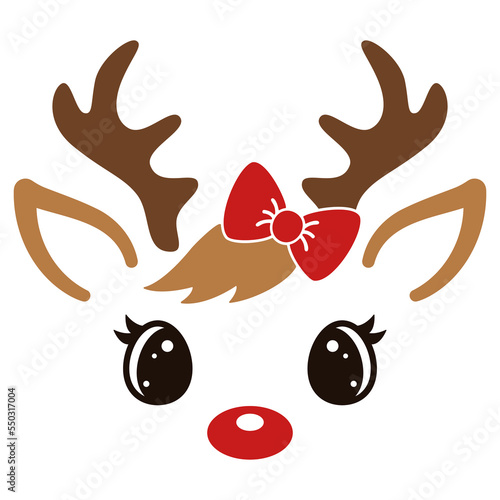 Reindeer girl face with bow. Deer head with red nose. Cute cartoon animal. Flat style design. Holiday print. Vector illustration.