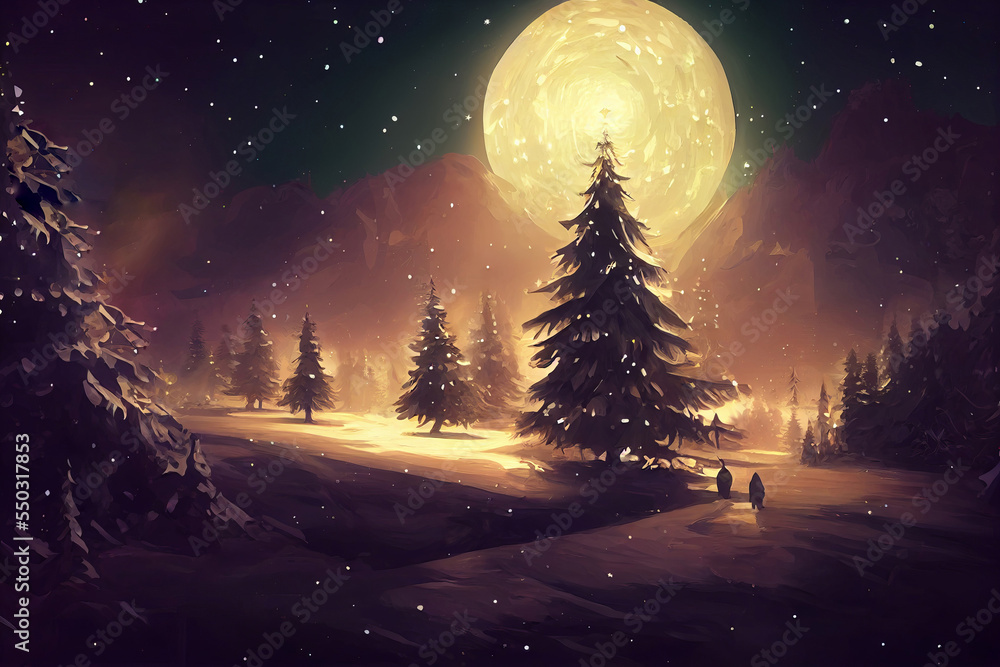 Painted fairy winter night snowy forest with Christmas tree and full moon. Two people sharing gifts at Christmas night. Season greetings card Painted fairy winter night snowy forest with Christmas tree and full moon. Two people sharing gifts at Christmas night. Season greetings card