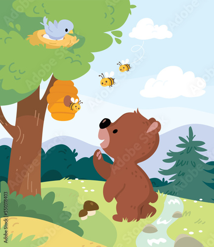 Vector cartoon of puzzled child baby bear staring at the bee hive looking for honey. Comic characters of woods inhabitants, living in forest. Young bear on green lawn. Bird seating, hatching on nest.