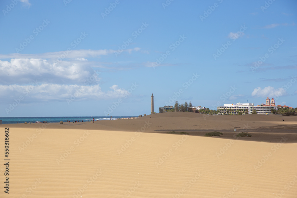 sand dunes . Famous natural park Maspalomas dunes in Gran Canaria at sunset, Canary island, Spain sand dunes . Famous natural park Maspalomas dunes in Gran Canaria at sunset, Canary island, Spain