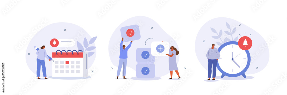 Business illustration set. Characters planning and organizing schedule, work task and time management strategy to increase productivity. Self management and multitasking concept. Vector illustration.
Business illustration set. Characters planning and organizing schedule, work task and time management strategy to increase productivity. Self management and multitasking concept. Vector illustration.