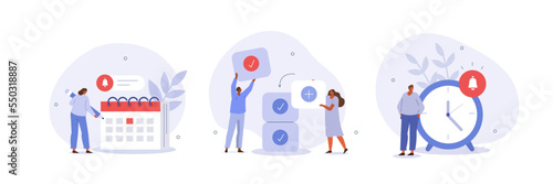 
Business illustration set. Characters planning and organizing schedule, work task and time management strategy to increase productivity. Self management and multitasking concept. Vector illustration.