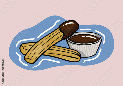 Hand drawn Churros. Illustration of traditional spanish sweet dessert and chocolate dip isolated on a background.