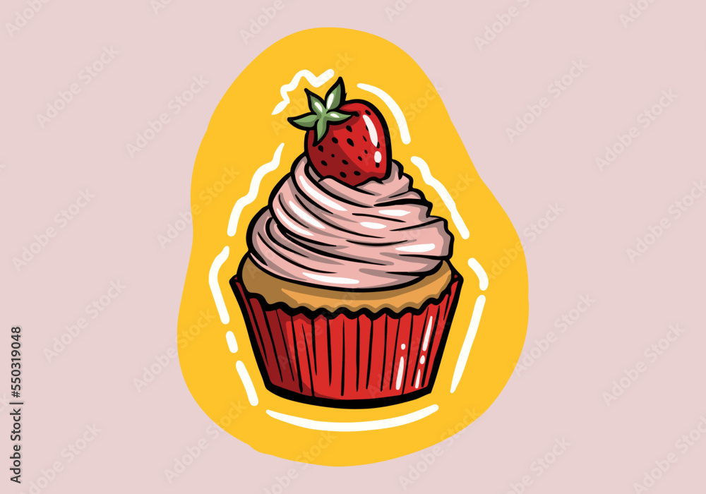 Vector of a sweet vanilla cupcake with strawberry and leaf on the top. Hand drawn cupcake Vector of a sweet vanilla cupcake with strawberry and leaf on the top. Hand drawn cupcake
